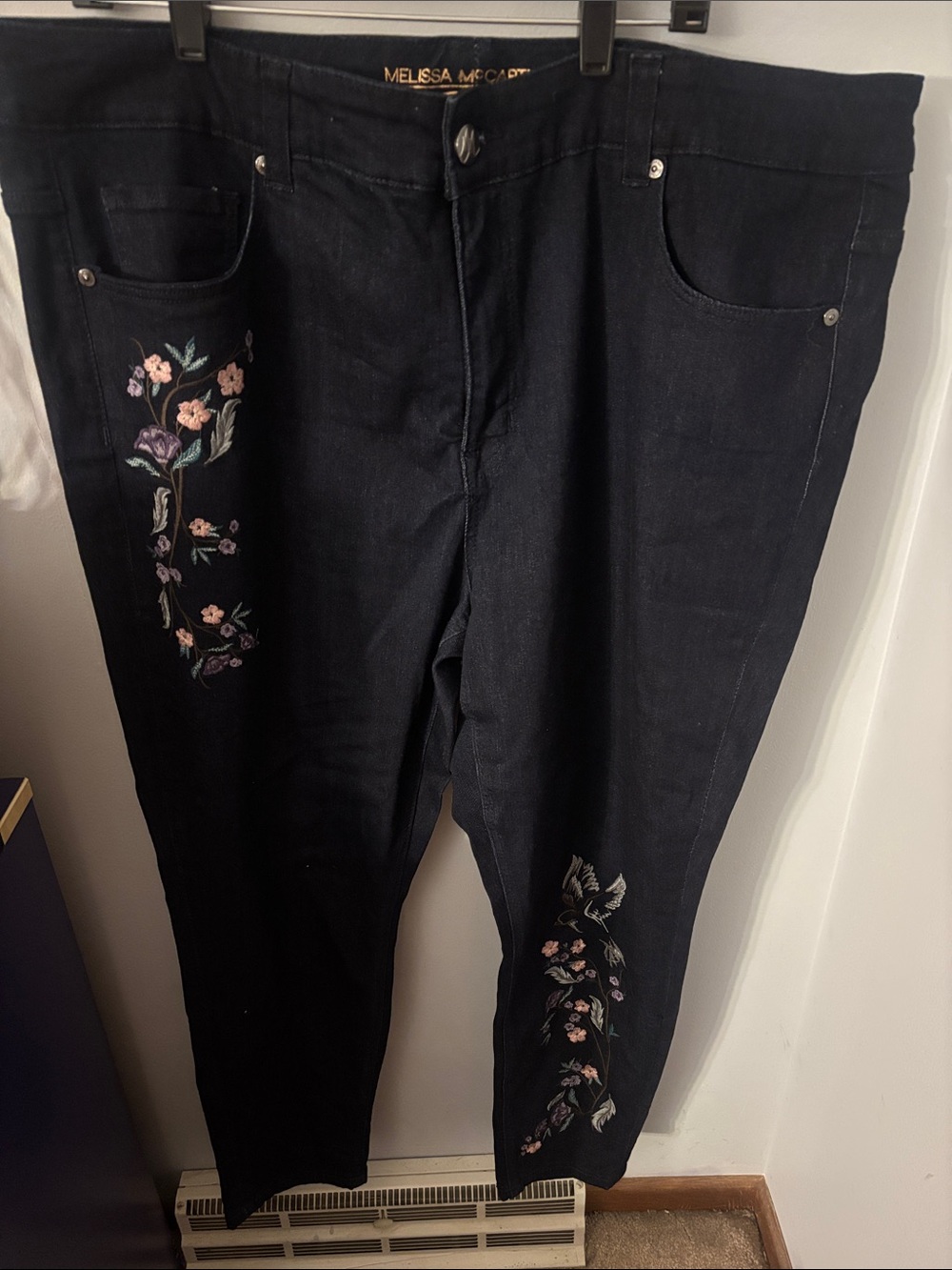 Melissa McCarthy Seven7 Blue Straight-Leg Jeans with Floral Embroidery